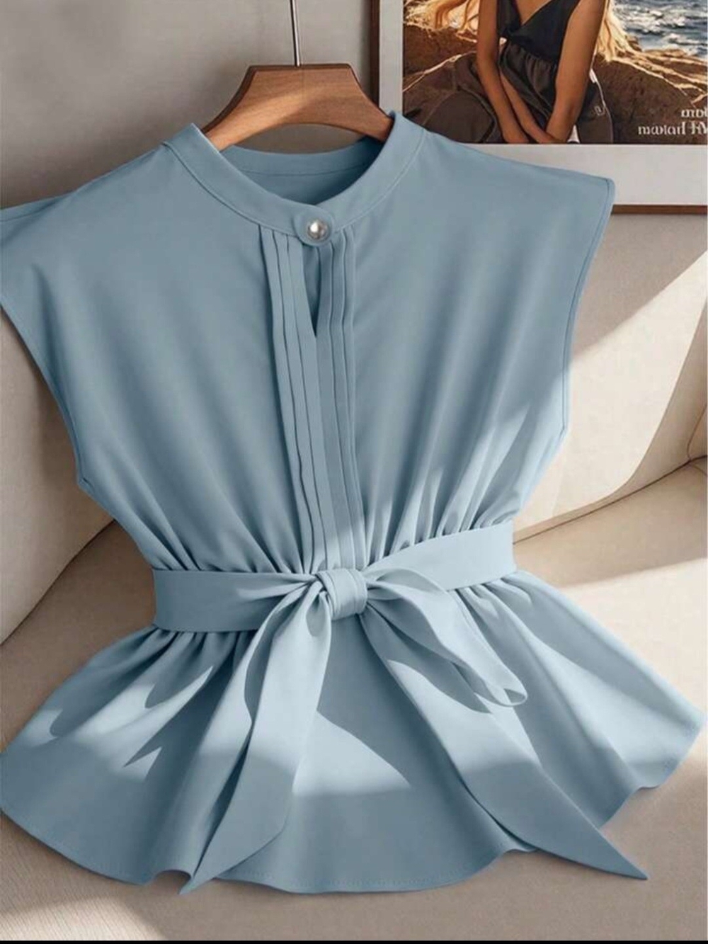 SHEIN Light Blue Sleeveless Tie-Waist Pearl-Button Blouse nwot Size 3XL